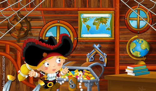 cartoon scene with pirate ship cabin interior with pirate girl sailing through the seas - illustration for children