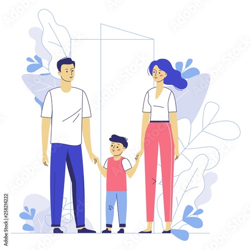 Happy young family dad, mom, son. Family couple father and mother with child standing together near house. Happiness and love concept.