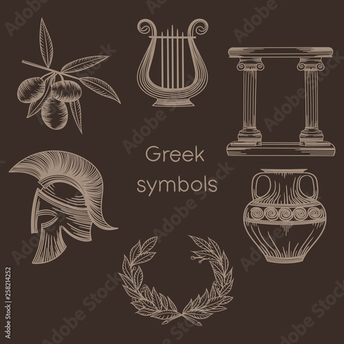 Illustration with greek symbols.Olive, lira, columns, spartan helmet, laurel wreath and greek ceramic vase. 