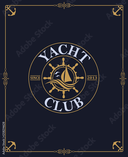 yacht club label isolated on dark background in decorative frame