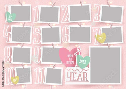 Template for photo collage.Baby girl first yaer. Garland from photos. Frames for clipping masks are in the vector file. Template for a photo album