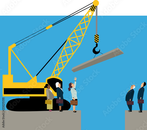 Male and female busyness people attempting to close gender gap using a crane, EPS 8 vector illustration