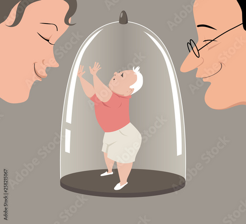 Overprotective parents keeping a child in a glass dome display, EPS 8 vector illustration 