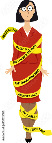 Business woman wrapped in a yellow tape with messages of self-doubt, EPS 8 vector illustration