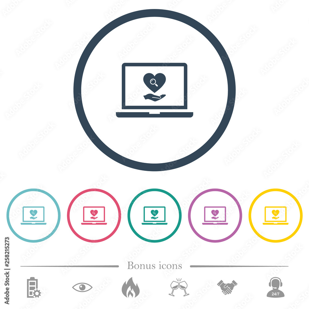 Online Dating on laptop flat color icons in round outlines Online Dating on laptop flat color icons in round outlines
