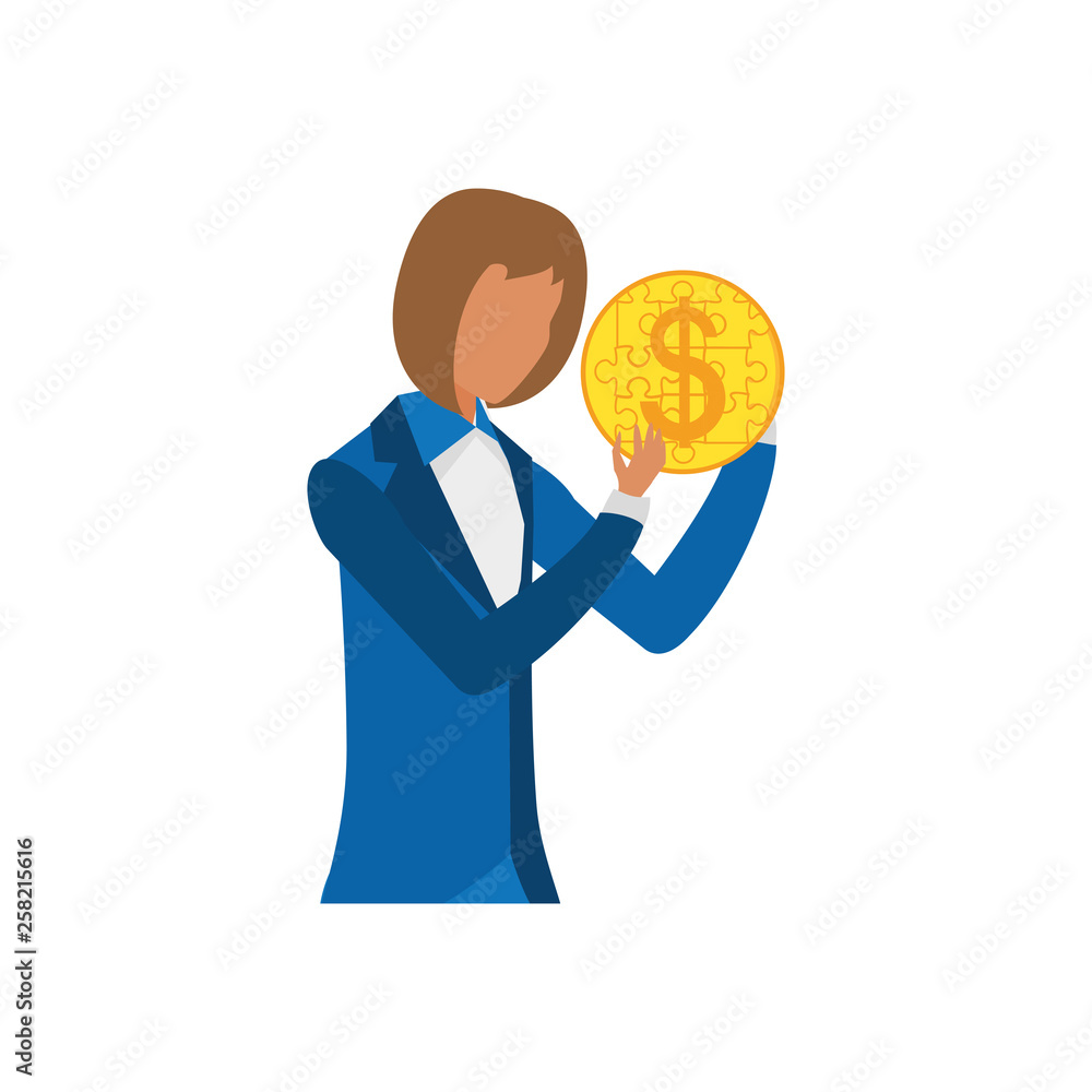 businesswoman with puzzle pieces in shape coin businesswoman with puzzle pieces in shape coin