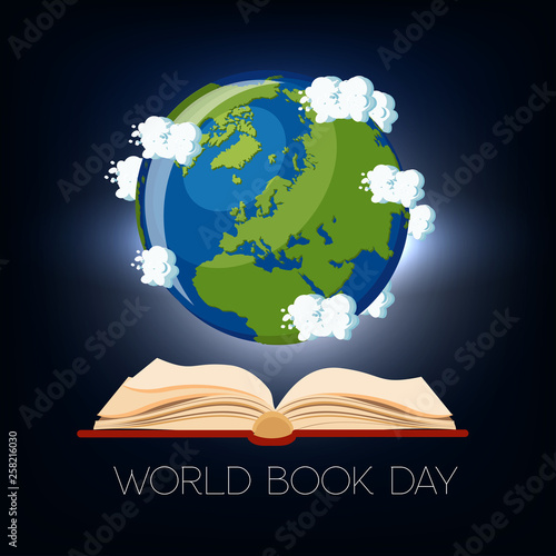 World Book Day greeting card with open book and Earth globe with clouds on dark blue background.