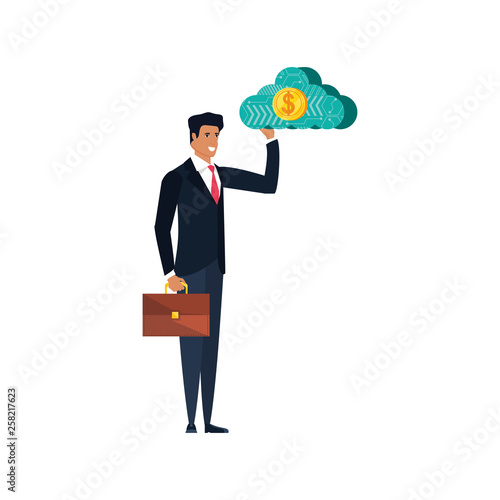 young businessman with cloud computing and coin