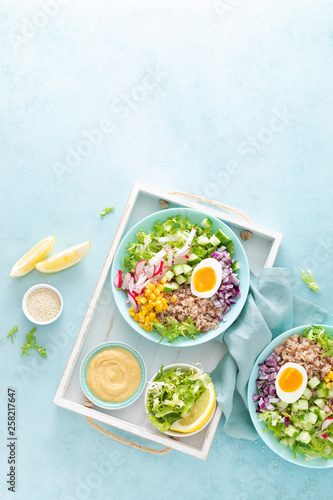 Buddha bowl with boiled egg  rice and vegetable salad of fresh lettuce  radish  cucumber  corn  onion and sesame seeds and chickpea sauce