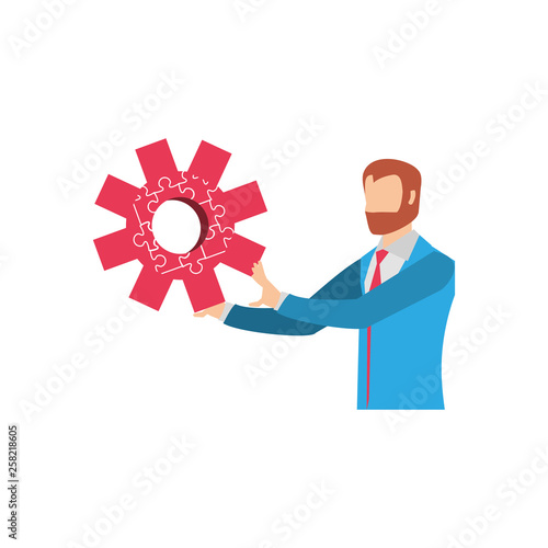 businessman with puzzle pieces in shape pinion