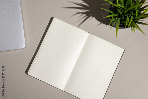 Light office desk table with laptop and supplies with blank notebook. Top view with copy space, flat lay.