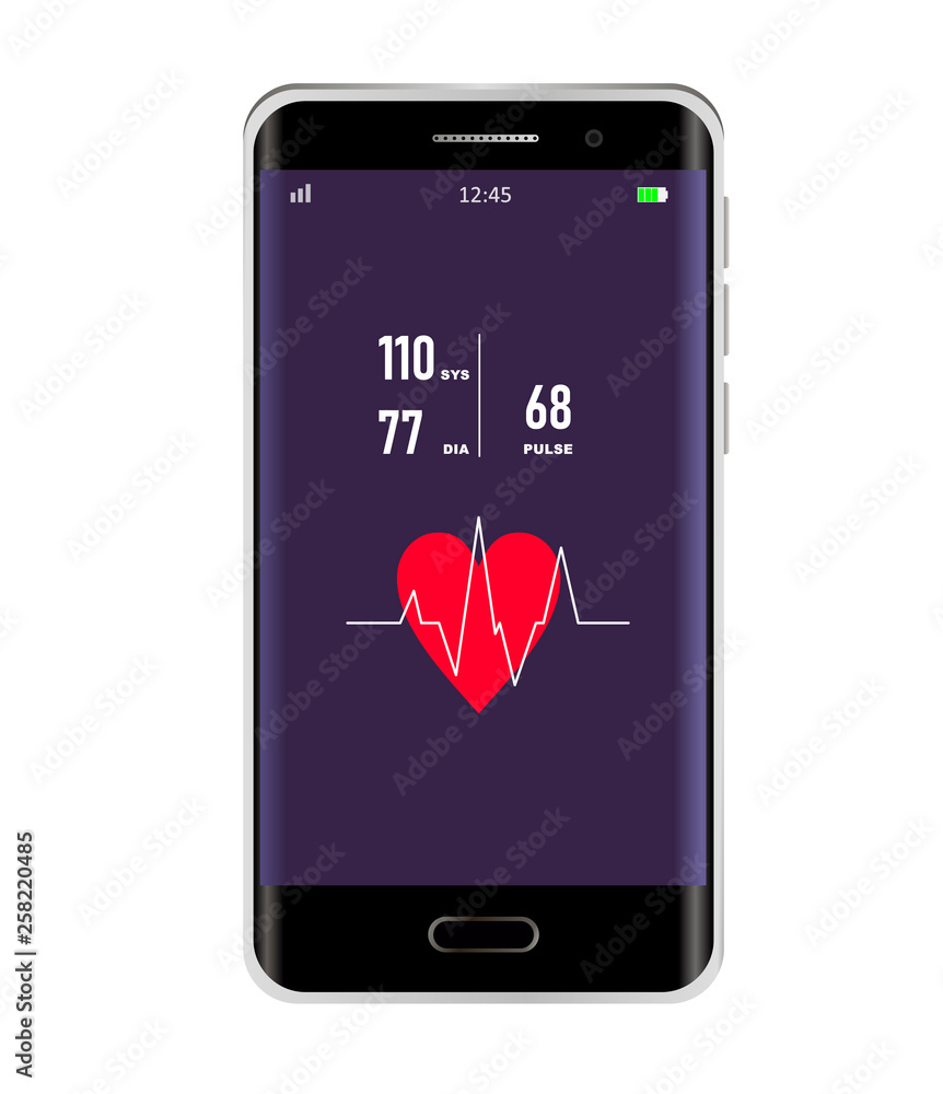 Smartphone with measurement of pulse and pressure. Realistic vector smartphone with health program Smartphone with measurement of pulse and pressure. Realistic vector smartphone with health program