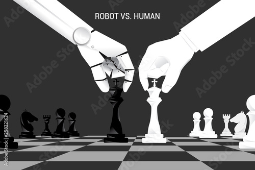Robot and human hand move chess on board. Business concept for machine learning and a.i artificial intelligence.human vs. robot.