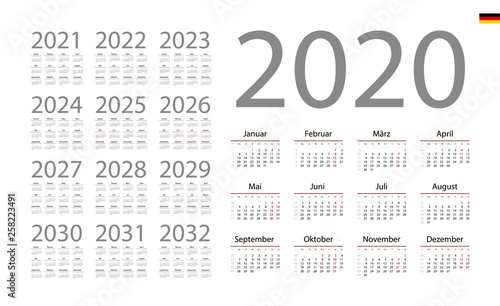 German Calendar for 2020. Week starts on Monday