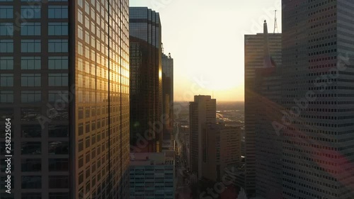 4K Dallas Aerial Drone Reverse Reveal Texas Sunset High Rise Urban Sunset