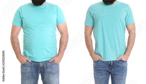 Overweight man before and after weight loss on white background, closeup