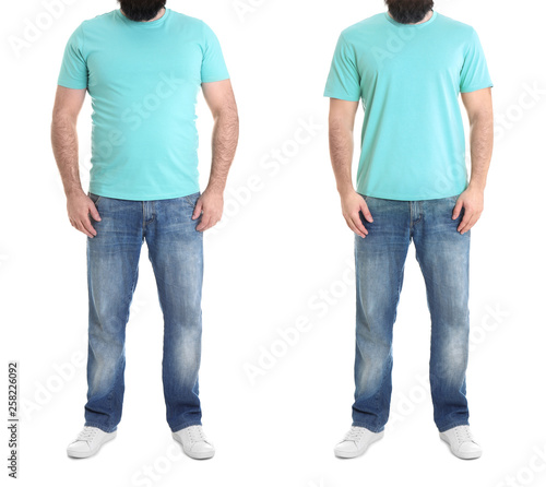 Overweight man before and after weight loss on white background, closeup