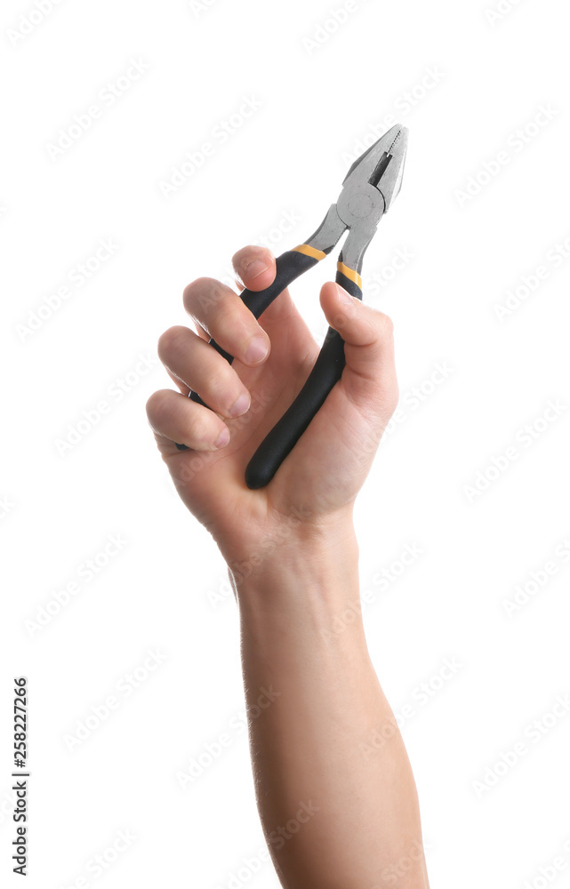 Man holding pliers isolated on white. Construction tools Man holding pliers isolated on white. Construction tools