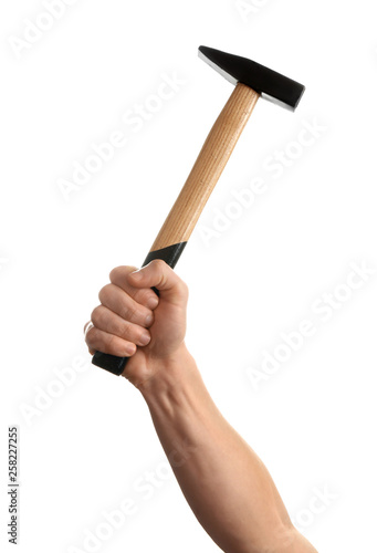 Man holding hammer isolated on white. Construction tools