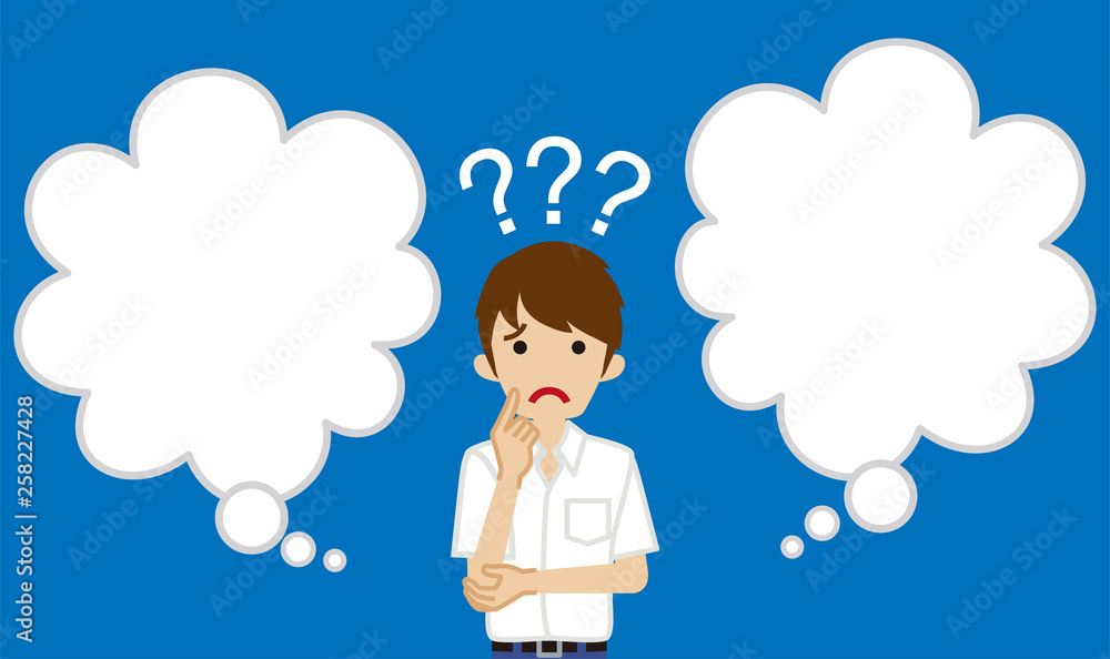 Japanese male high school student who has doubt something with two blank thought bubbles Japanese male high school student who has doubt something with two blank thought bubbles