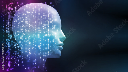 3D Rendering of robot's head with abstract technology background. Concept for Artificial intelligence, big data analysis, deep machine learning.