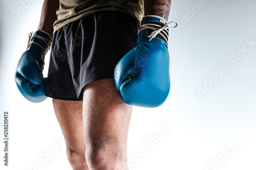 Boxers figure wearing blue boxing gloves and shorts