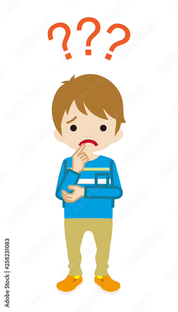 Toddler boy who has doubt something with three question marks -full length