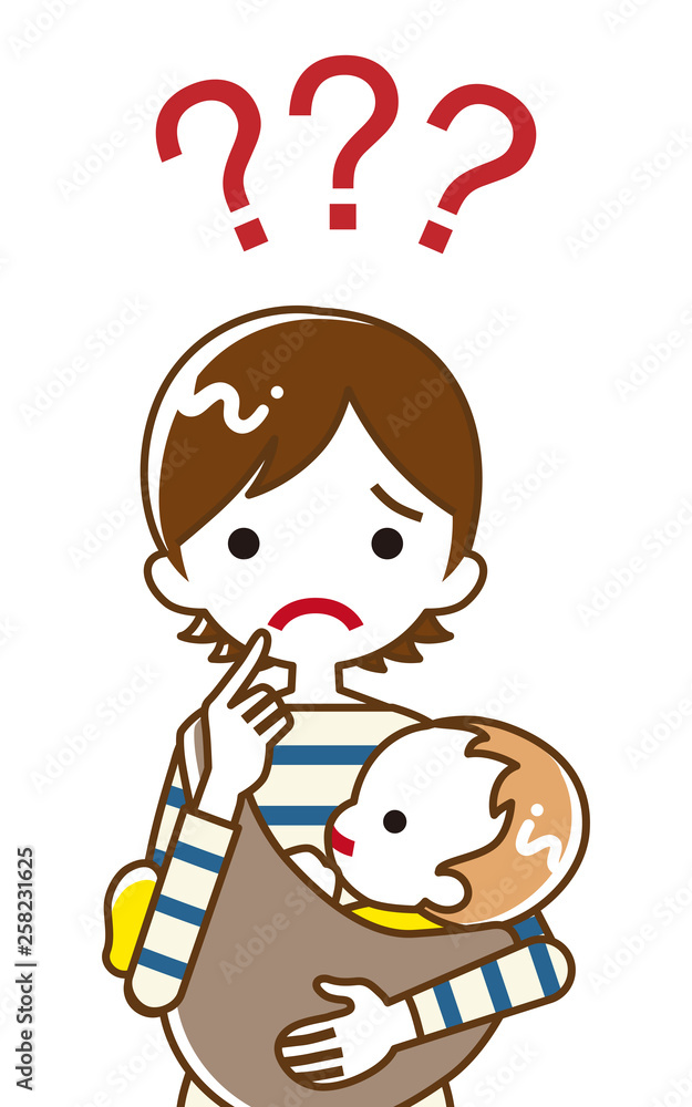 Young mother who has doubt something with three question marks -waist up, line art Young mother who has doubt something with three question marks -waist up, line art