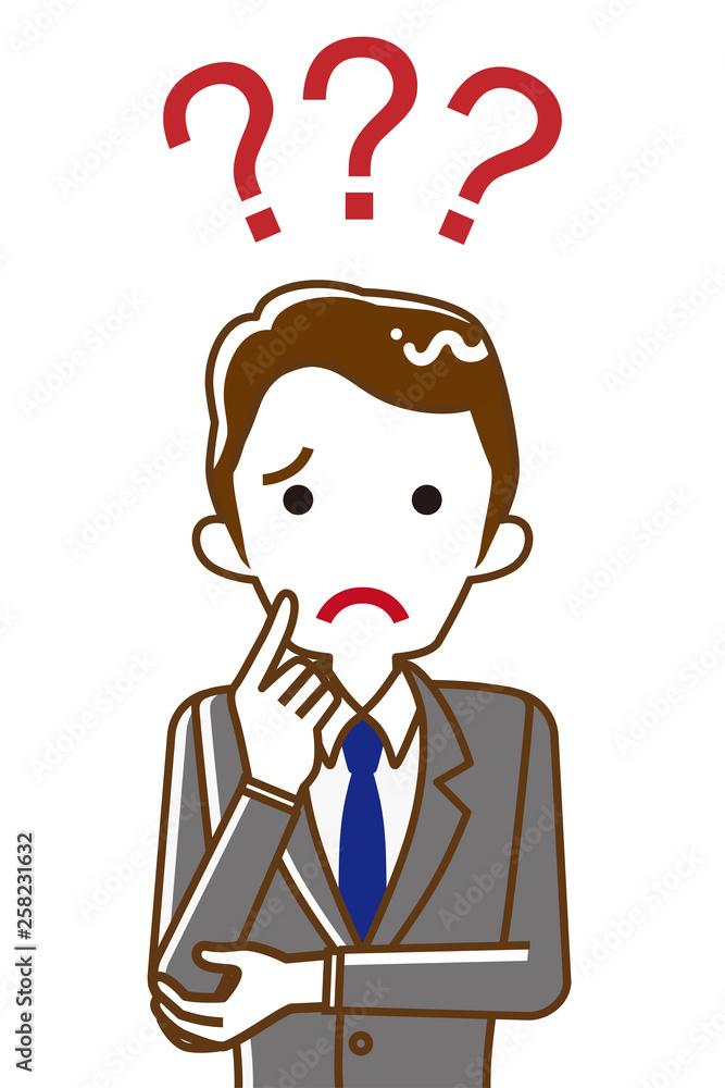 Businessman who has doubt something with three question marks -waist up, line art Businessman who has doubt something with three question marks -waist up, line art