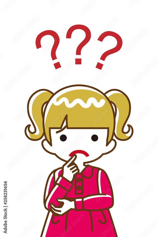 Toddler girl who has doubt something with three question marks -waist up, line art Toddler girl who has doubt something with three question marks -waist up, line art