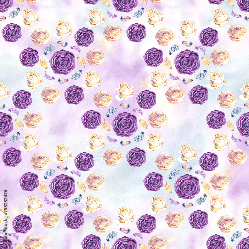 Seamless watercolor pattern with blossom rose and feathers. Vintage seamless pattern with rose. Watercolor paint. Feathers pattern for wallpaper design. Watercolor seamless background. Seamless watercolor pattern with blossom rose and feathers. Vintage seamless pattern with rose. Watercolor paint. Feathers pattern for wallpaper design. Watercolor seamless background.