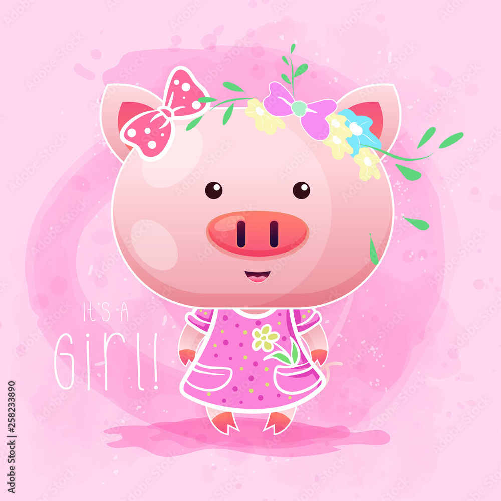 Obraz cute girl baby pig with pink background. Can be used for kids/babies shirt design, fashion print design,t-shirt, kids wear,textile design,celebration card/ greeting card, invitation card - Vector