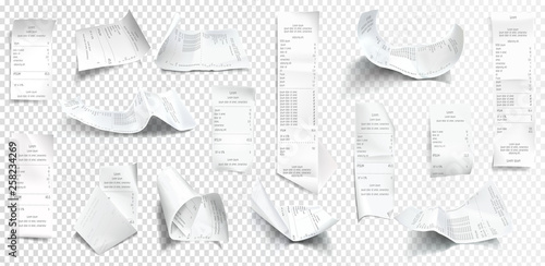 Vector realistic receipt collection, white paper with payment isolated on transparent background. Creased financial printout for shop, store. Retail bill, rumpled commercial check or invoice. photo