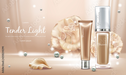 Vector 3d realistic poster with concealer, beige cosmetics product in glass package. Premium foundation with pearls for woman. Mock up, template of cosmetic isolated on background with rose