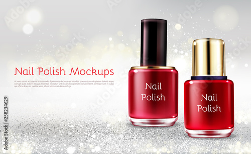 Red or scarlet nail polish 3d realistic vector cosmetic ads banner with glass bottle on white shiny background with silver sparkles. Womens cosmetics and make up product promotional mockup
