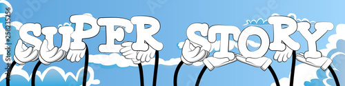 Diverse hands holding letters of the alphabet created the words Super Story. Vector illustration.