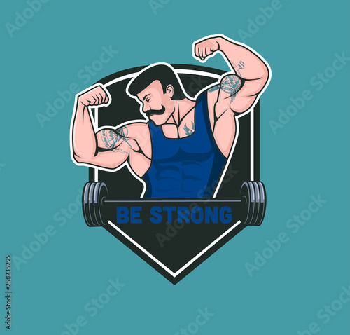 Muscle man character logo template, with mustache and tattoo