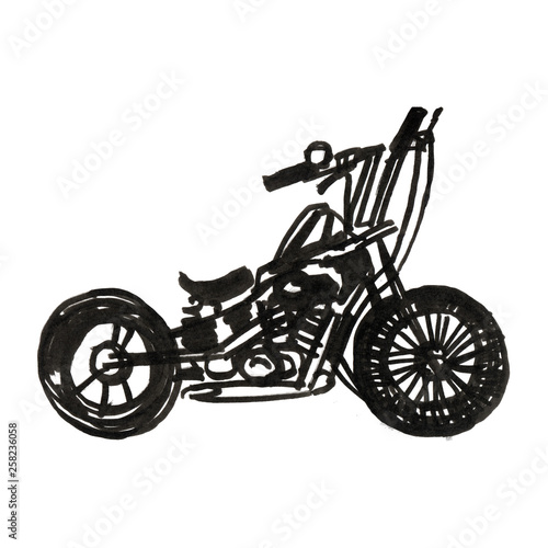 Motorcycle. Side view. Hand drawn classic chopper bike in engraving style. Vintage illustration isolated on white background. For web  poster  t-shirt  club.