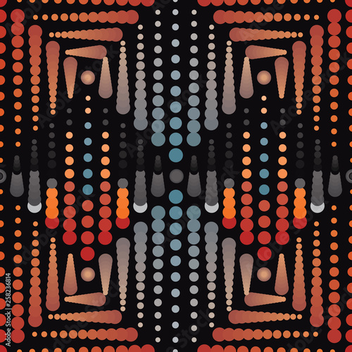 Vector Illustration of blended tan, blue, grey, red and orange dots and circles on black background. This elegant, stylish seamless repeat pattern is perfect for gift, cards, wallpaper, scrapbooking,