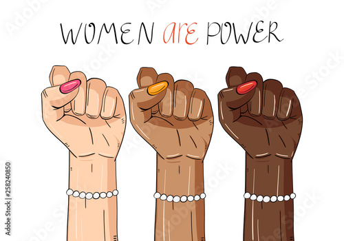 Women's hands with  fists raised up. Concept of equality, girl’s power and women’s strength. Vector background in pop art retro comic style.