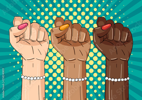 Women’s hands. Concept of equality, girl’s power and women’s strength. Vector colorful background in pop art retro comic style..