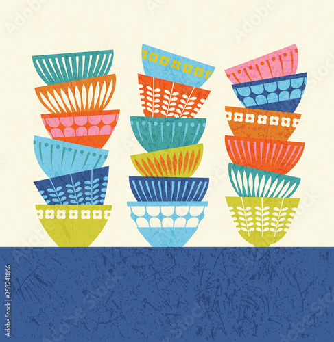 stacked colorful kitchen bowls with mid century modern designs. Vector illustration for posters, prints, greeting cards and invitations.