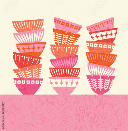stacked colorful kitchen bowls with mid century modern designs. Vector illustration for posters, prints, greeting cards and invitations.