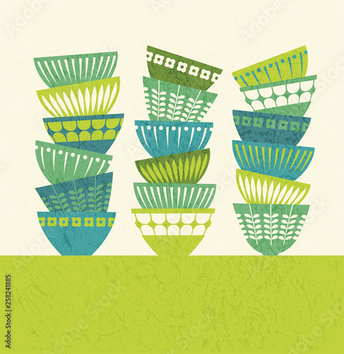 stacked colorful kitchen bowls with mid century modern designs. Vector illustration for posters, prints, greeting cards and invitations.