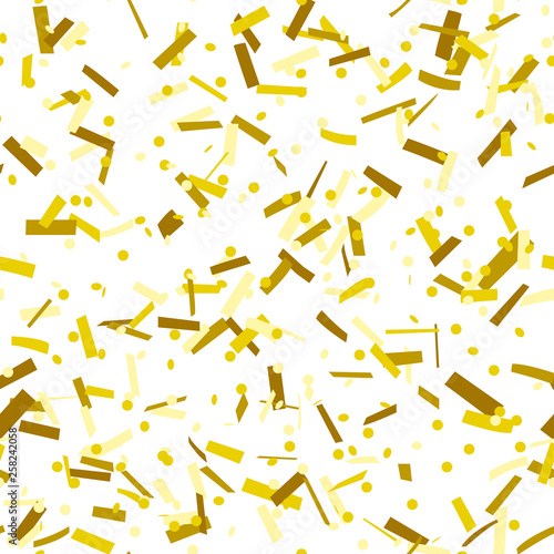 Gold confetti dots and stripes seamless pattern on white background