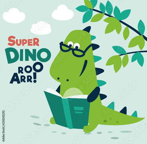 Cute dinosaur reads a book under the tree. Funny tyrannosaur relaxing in park