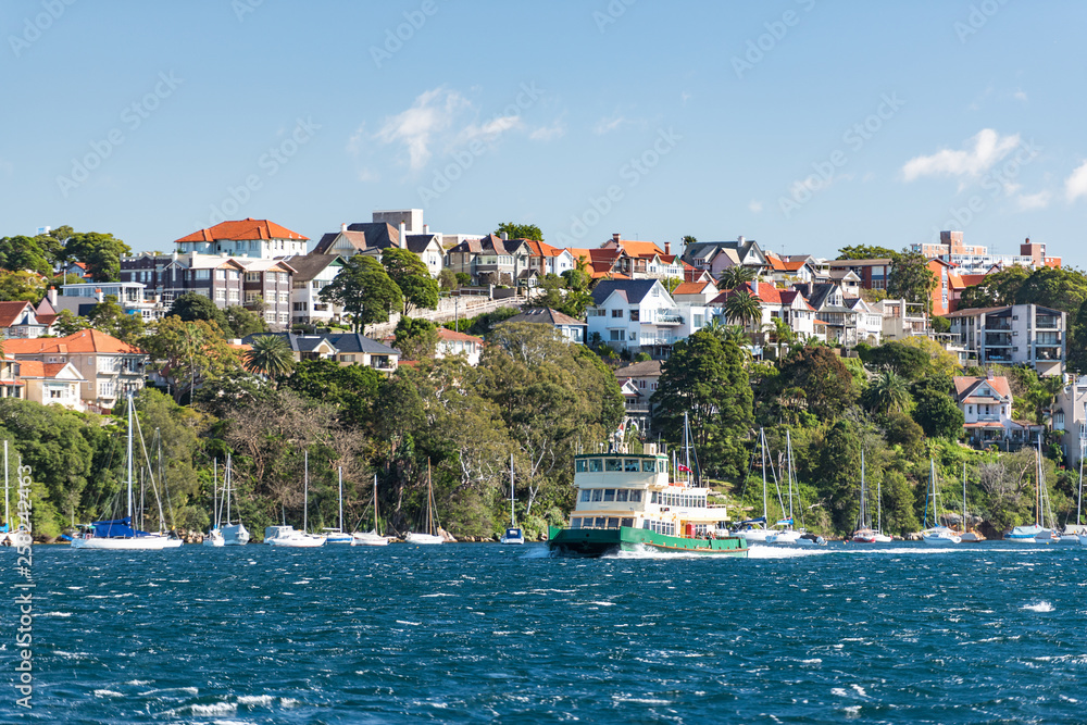 Ferry boat with yachts and residential houses on the background