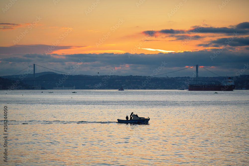 Boats in the Bosphorus at dawn. Tourism, travel. Boats in the Bosphorus at dawn. Tourism, travel.
