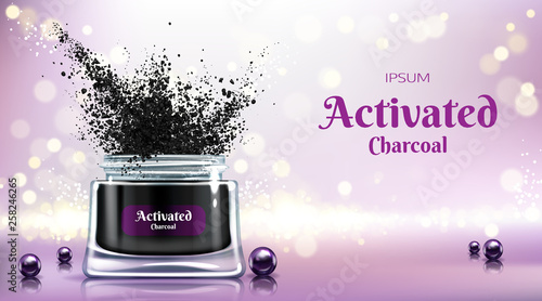 Cosmetics product with activated charcoal 3d realistic vector advertising banner, promo poster. Opened jar with tooth powder, face cream, detox mask, black pearls on glass surface illustration
