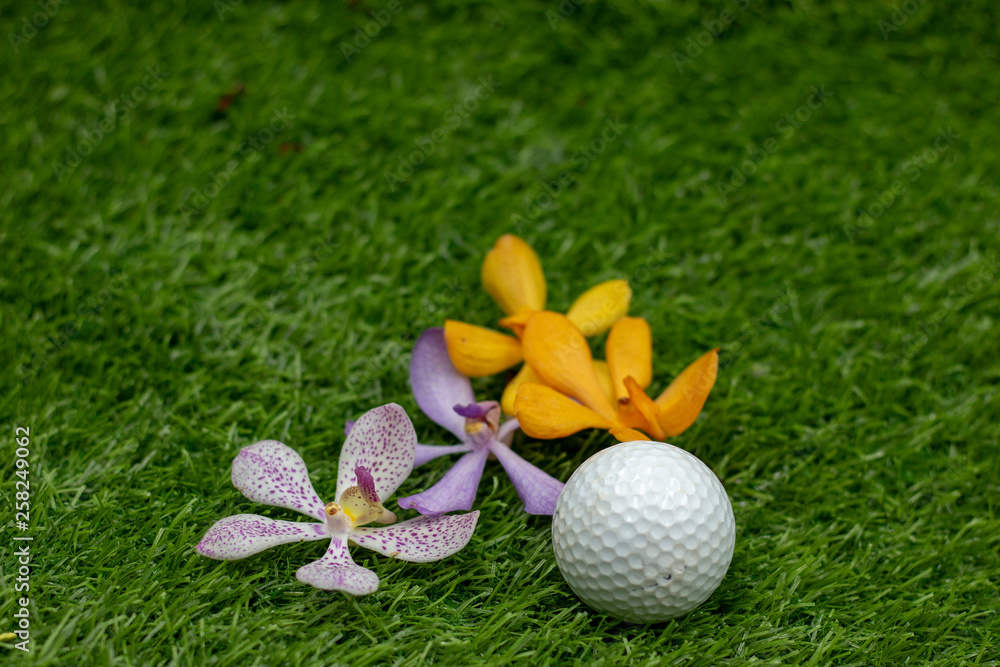 Naklejka premium Golf ball with orchid flowers are on green